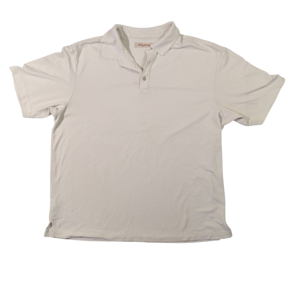 Tommy Bahama Ivory Beige Striped Short Sleeve Polo Shirt - Men's Size XL Basic